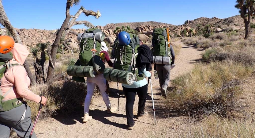 A group of people wearing backpacks hike along a trail in a desert environment. 